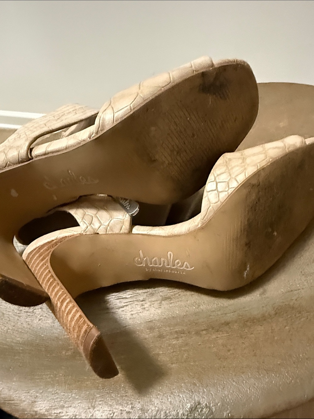Charles By Charles David Croc-Embossed Taupe Block Heel Sandals - Picture 3 of 3